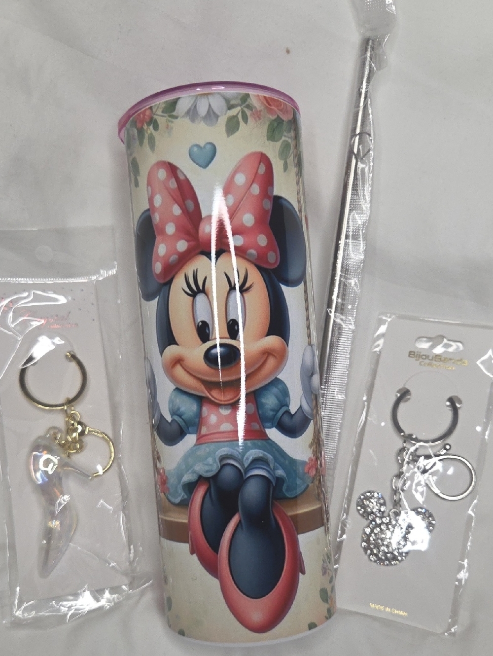 Minnie Mouse Pink & Blue Travel Tumbler With 2 Bag Charms